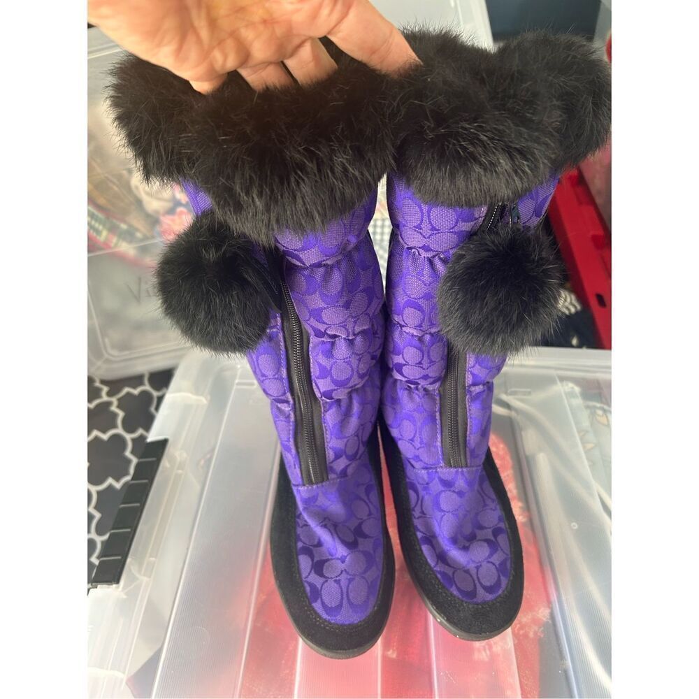 COACH Women's Purple Theona Signature Jacquard Rabbit Fur Winter Boots - Picture 6 of 9